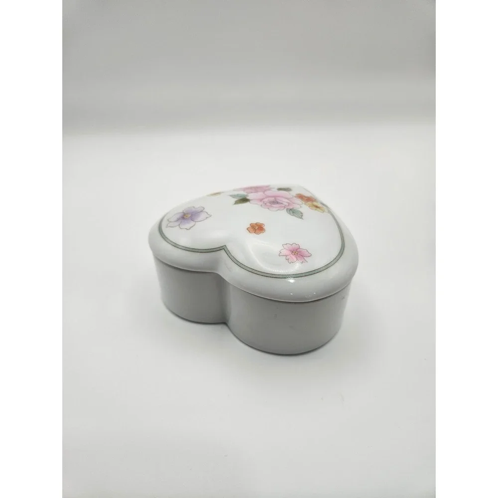 Vintage Porcelain Heart Shaped Floral Trinket Box, Japan